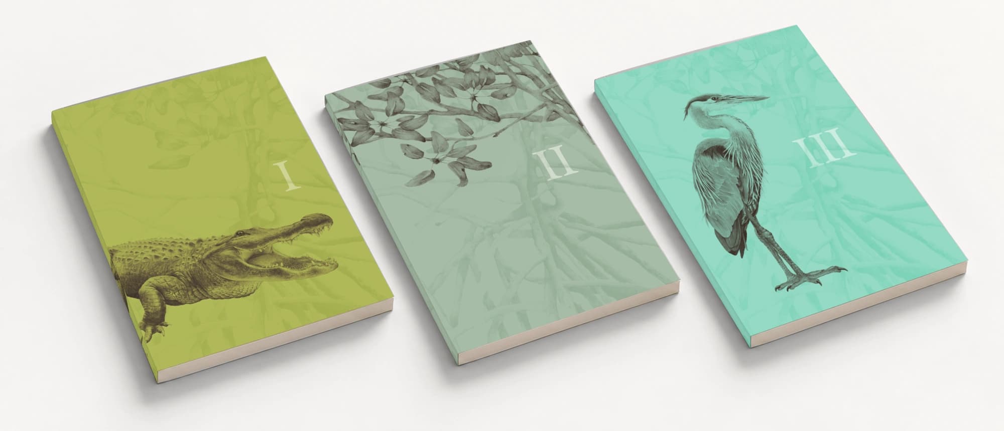 Breakwater paperback Books I, II, and III lying side by side on a light gray table, with alligator, botanical, and heron covers