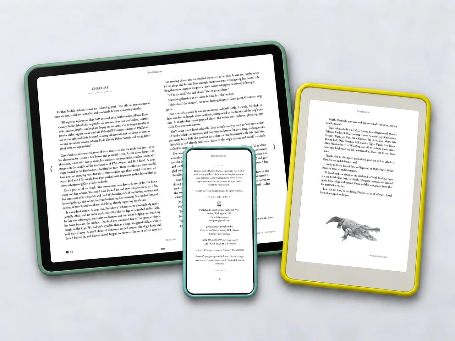 Breakwater across three devices on a light gray table: Chapter 8 as a two-page landscape tablet spread, the First Edition copyright page on a smaller turquoise-cased mobile phone beside the sage tablet’s center gutter, and acknowledgments with an alligator illustration on a chartreuse e-reader