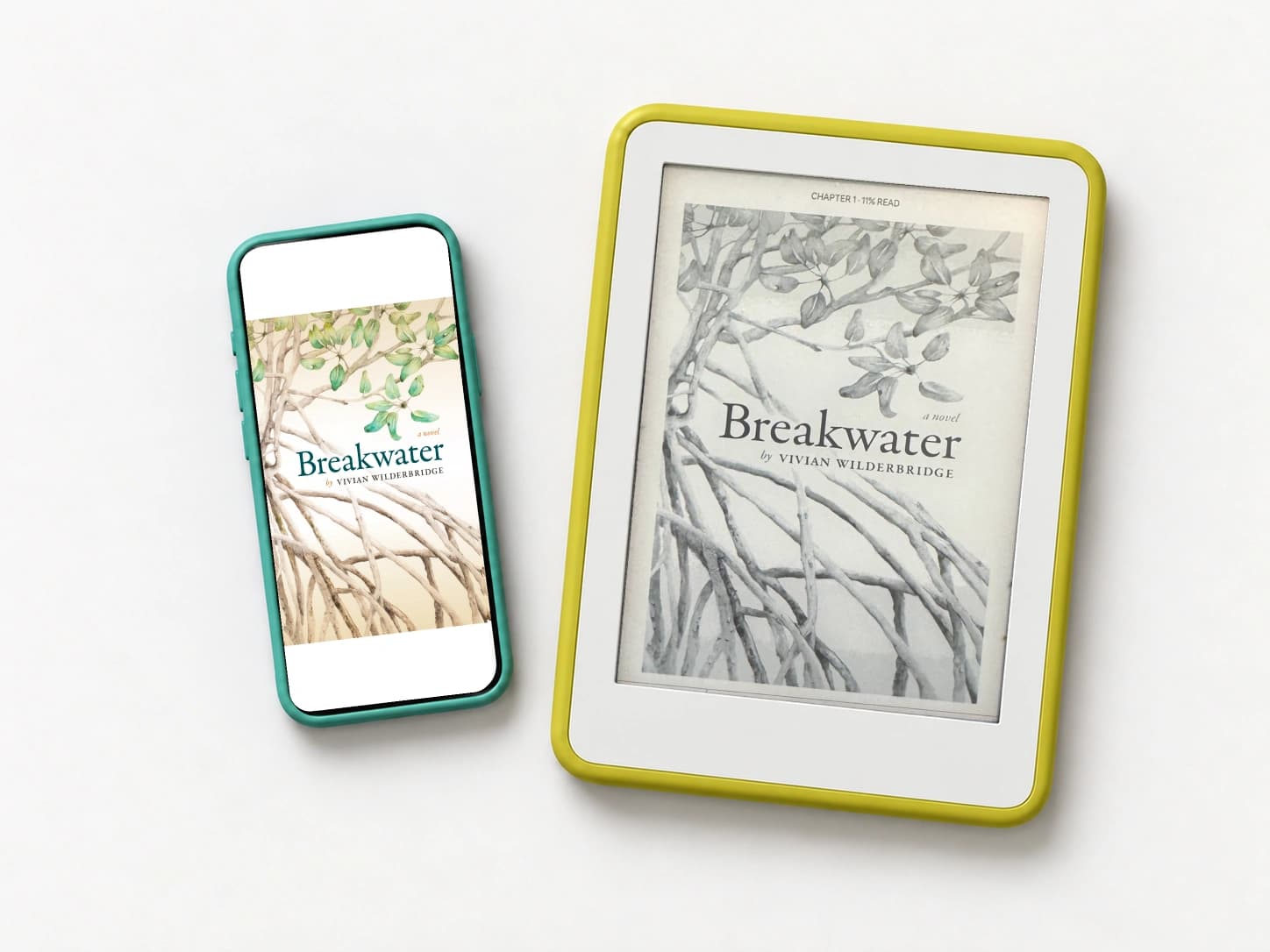 Breakwater mangrove cover displayed in color on a mint-cased mobile phone beside its original grayscale e-ink cover on a chartreuse-cased reader, on a light gray table
