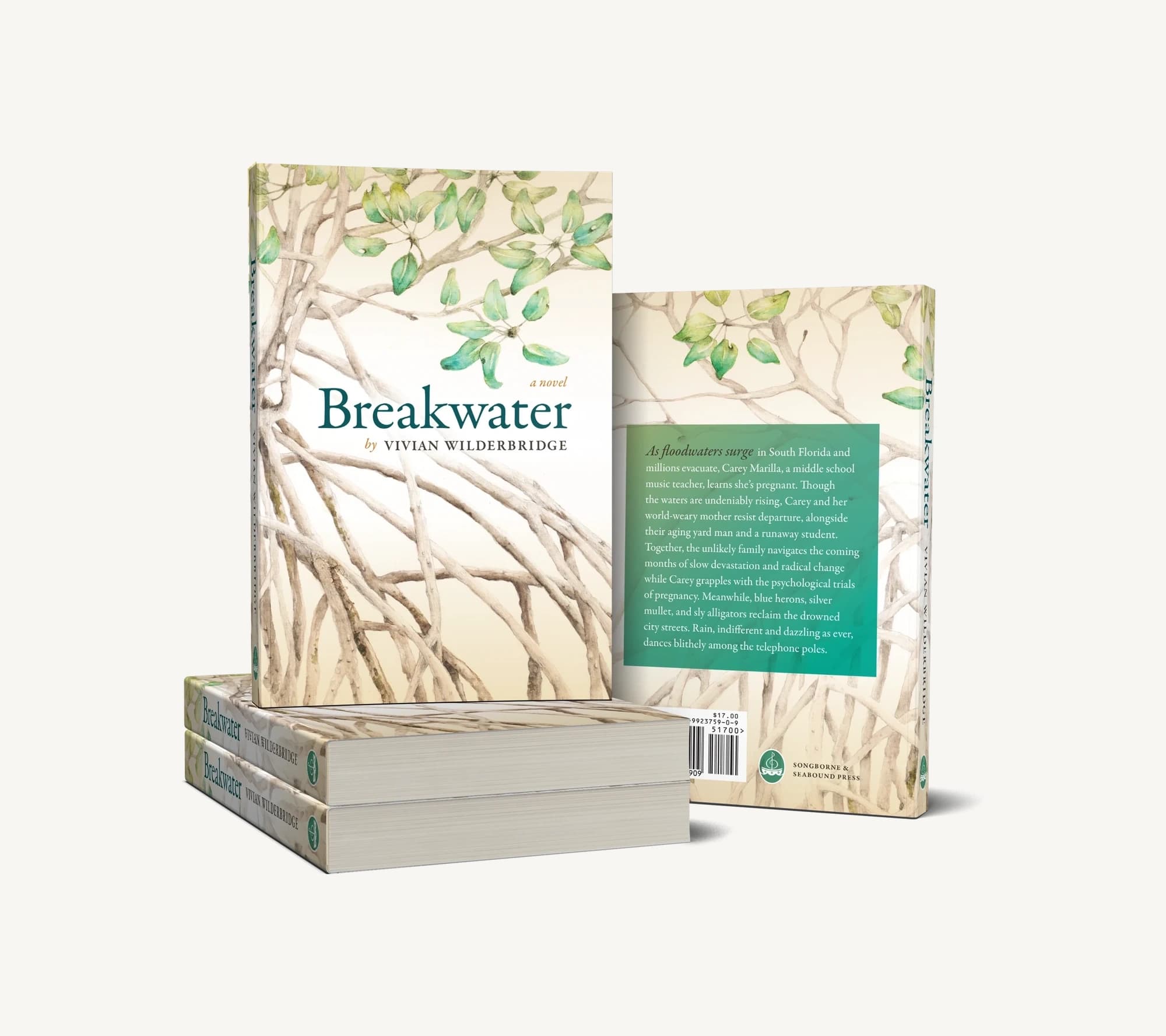 Breakwater standard edition with watercolor mangrove artwork on the front, spine, and back cover, standing above stacked copies