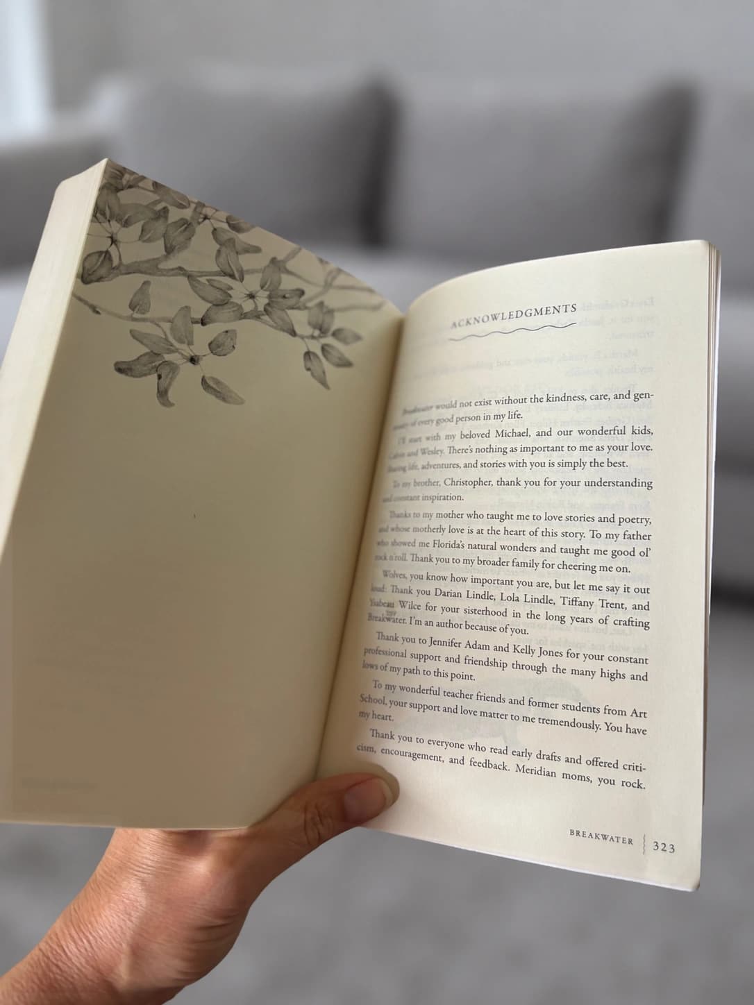 Breakwater interior design: a botanical illustration beside the acknowledgments