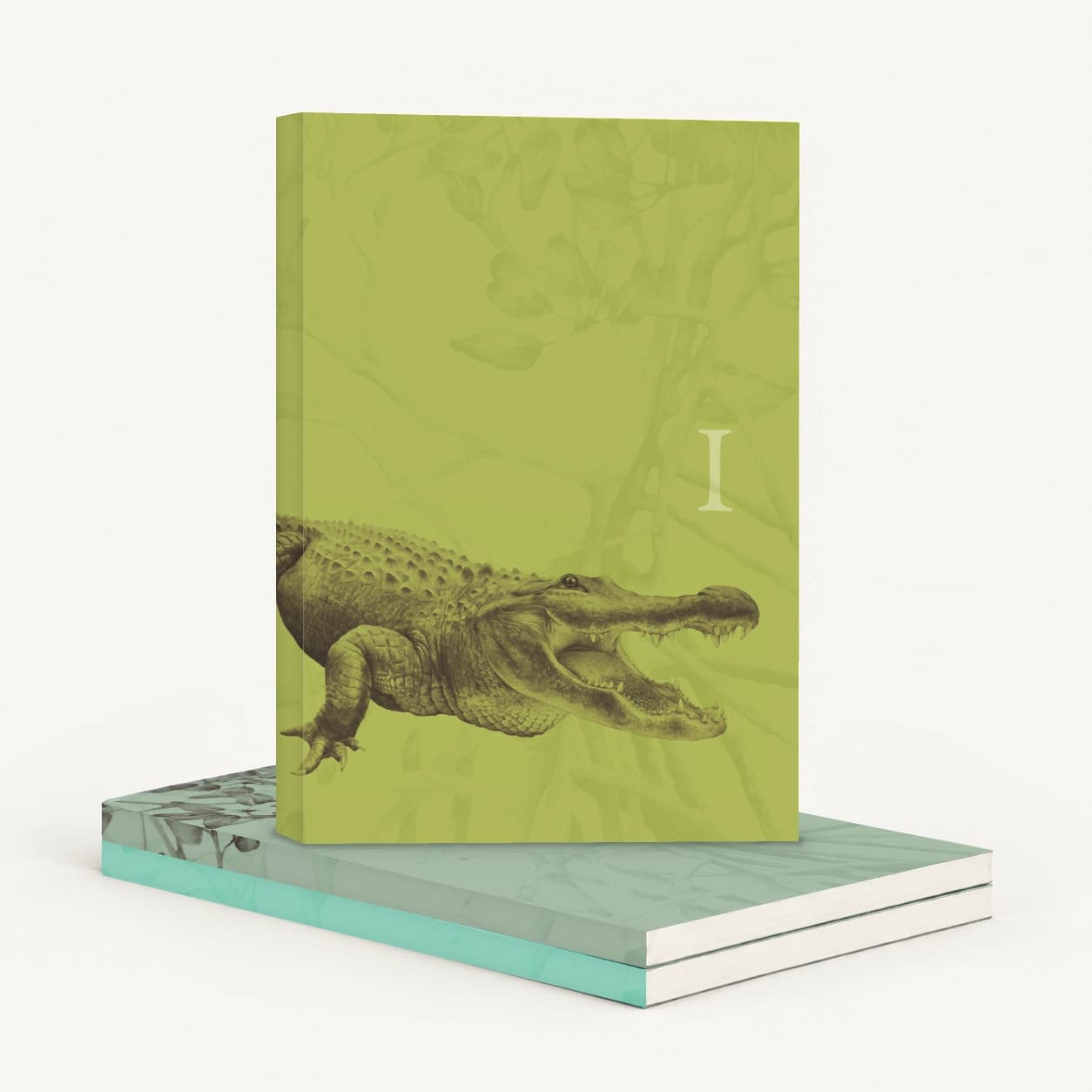 Breakwater Book I with an alligator cover standing on the stacked Books II and III