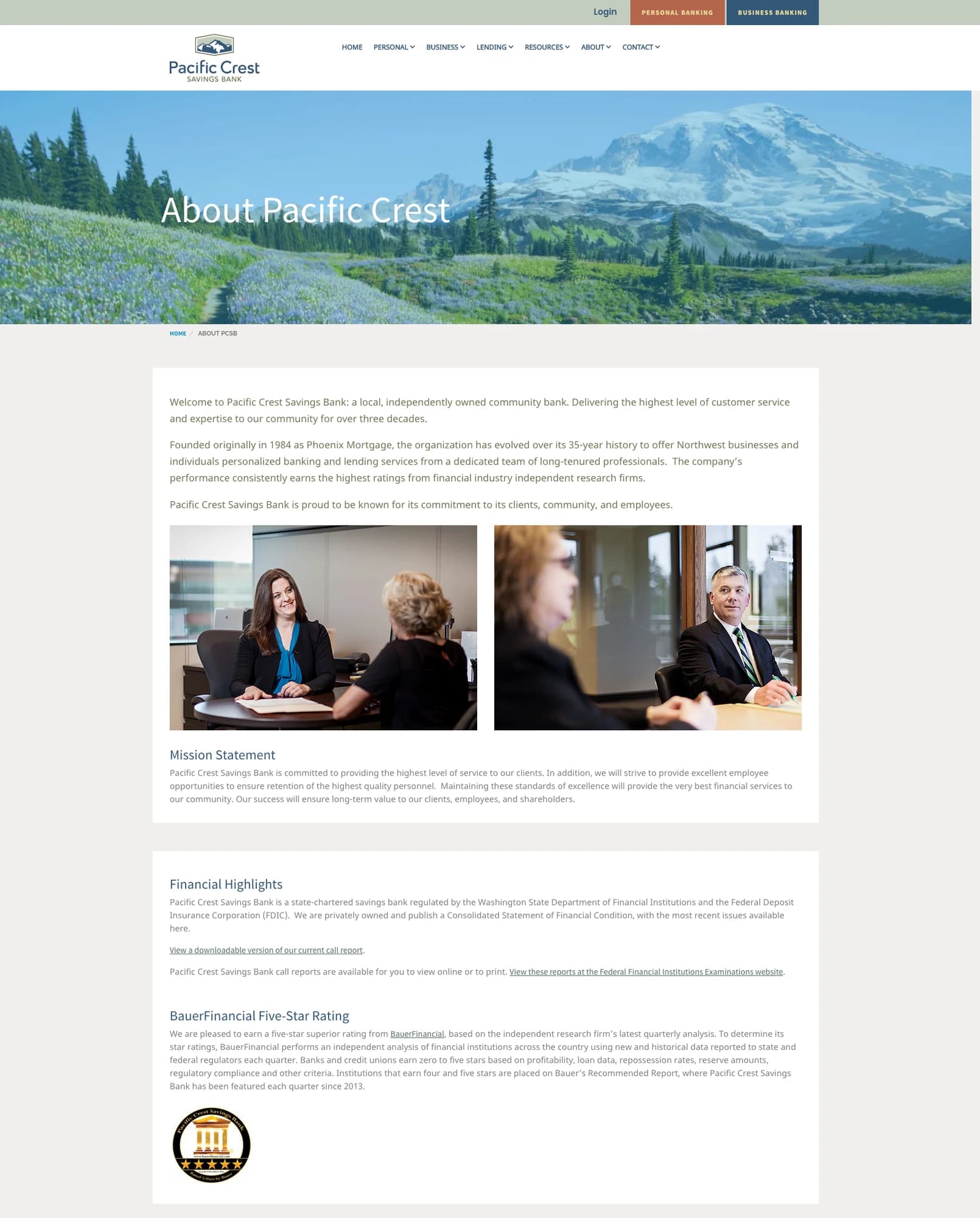Pacific Crest Savings Bank About webpage showing Northwest scenery, client meetings, the mission statement, and financial highlights
