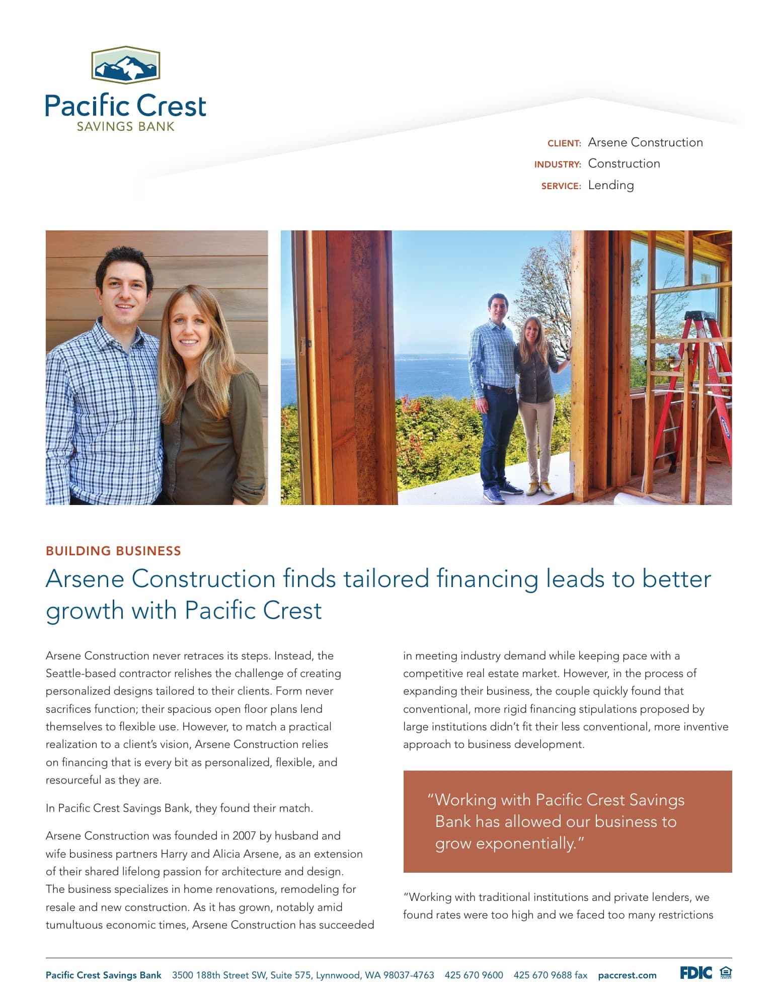 First page of the Pacific Crest Savings Bank printed case study featuring Arsene Construction