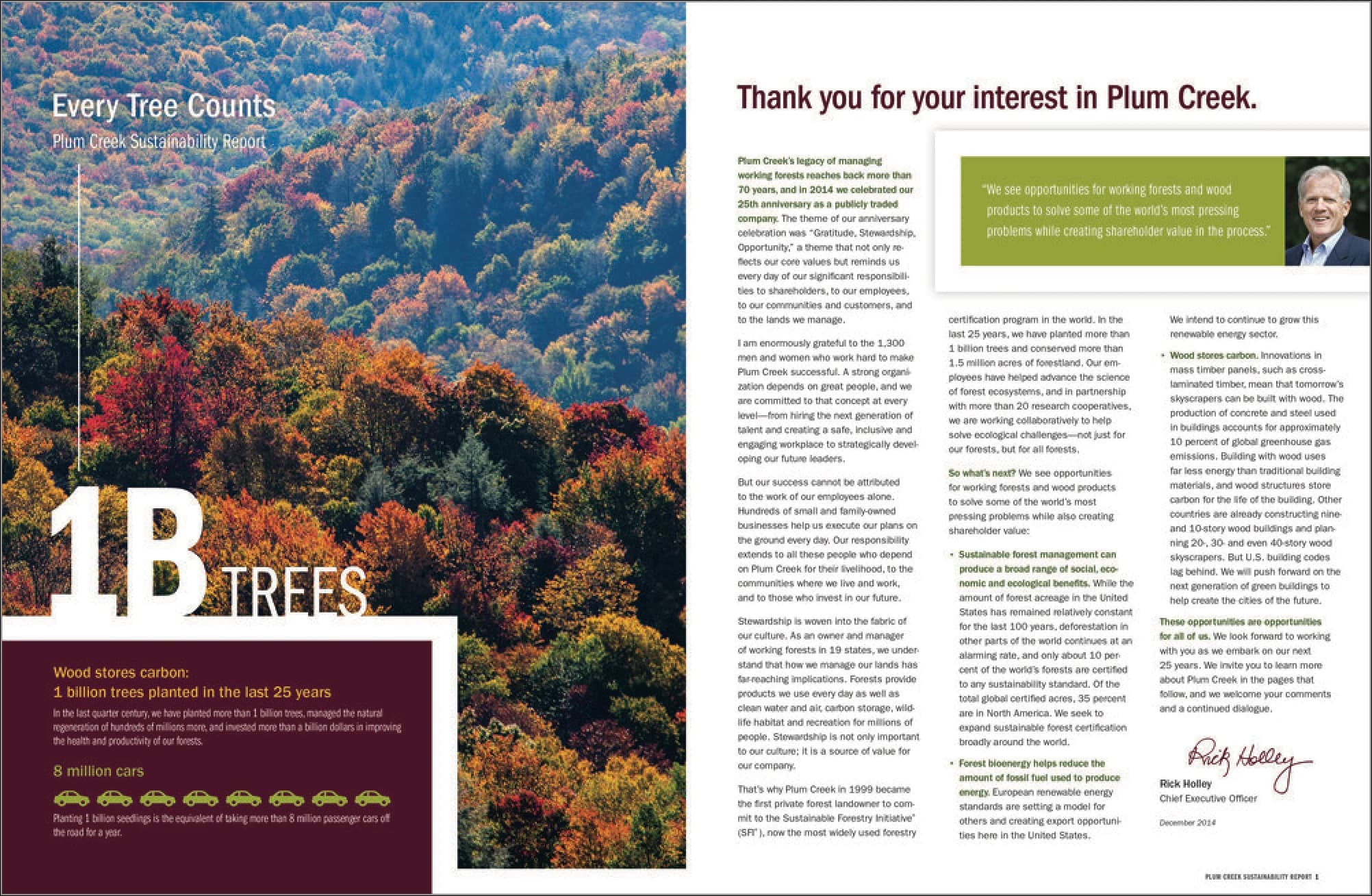 Plum Creek sustainability report, letter to stakeholders