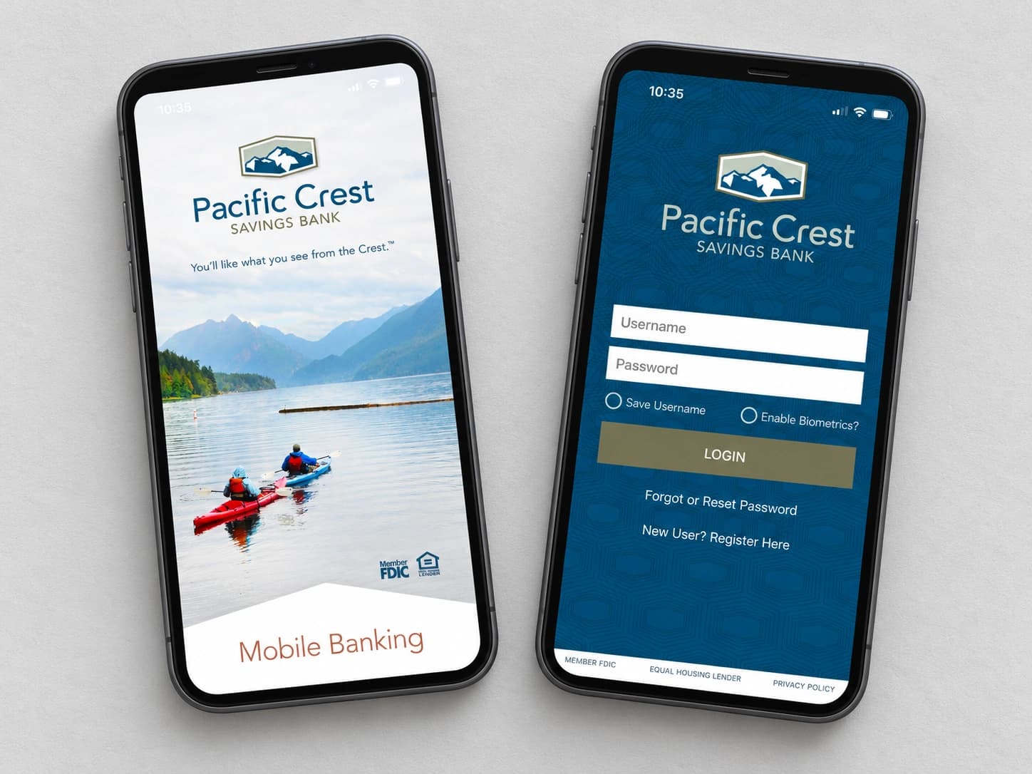 Pacific Crest mobile and business banking apps on two angled phones