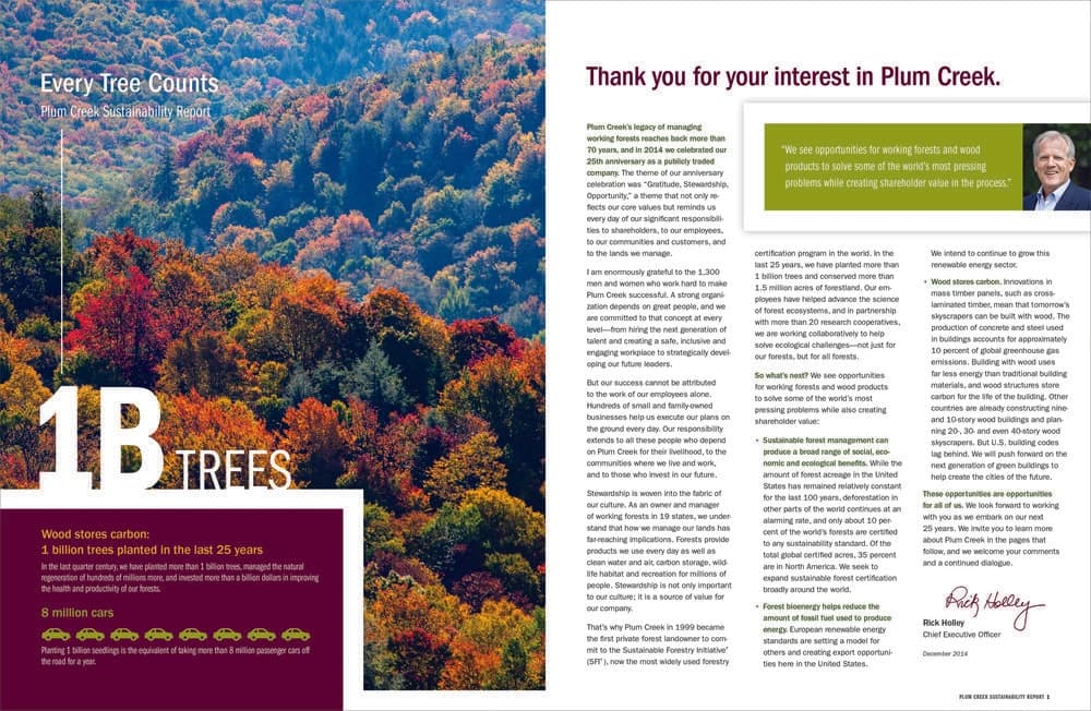 Plum Creek sustainability report opening spread, with forest photography, tree planting statistics, and a letter to stakeholders